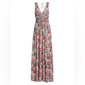 Monique Lhuillier Smocked Floral Chiffon Maxi Dress